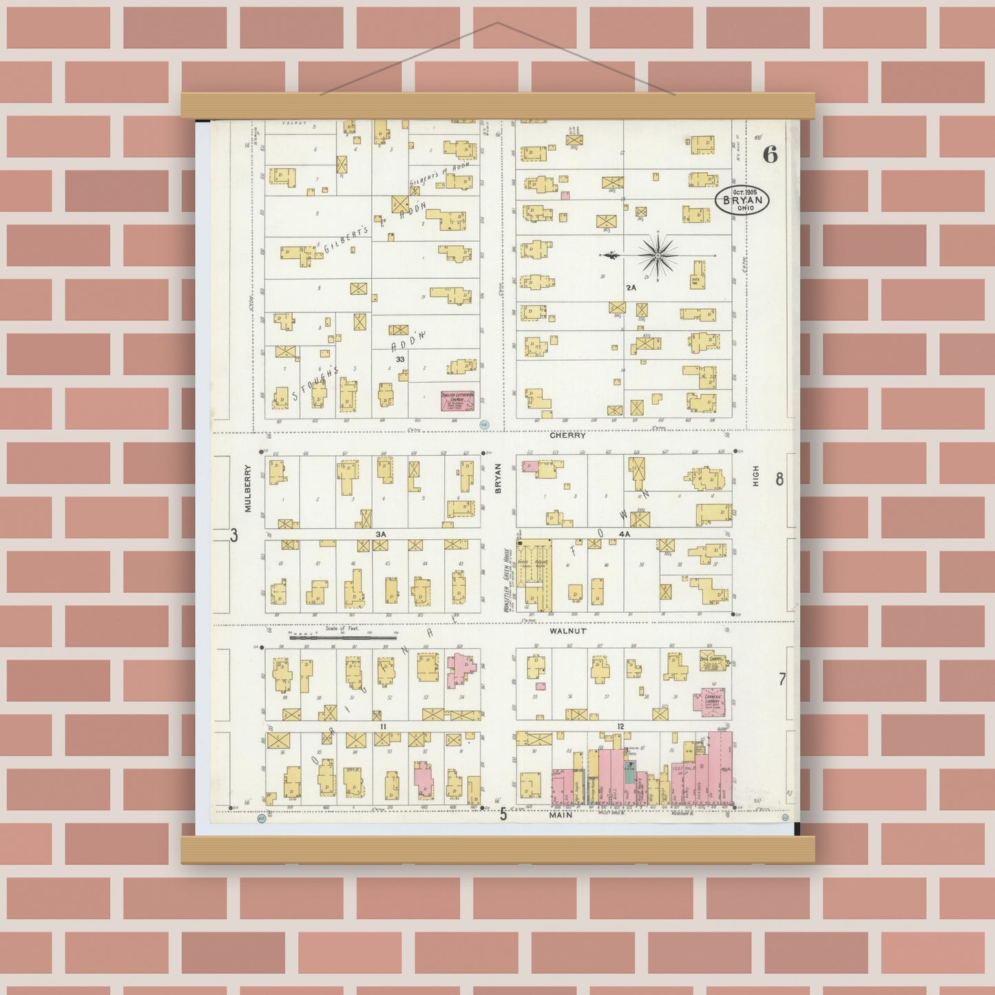 Old map wall art mockup — magnetic wood frame on brick wall — Sanborn Fire Insurance Map from Bryan, Williams County, Ohio (1905), Sheet #0006