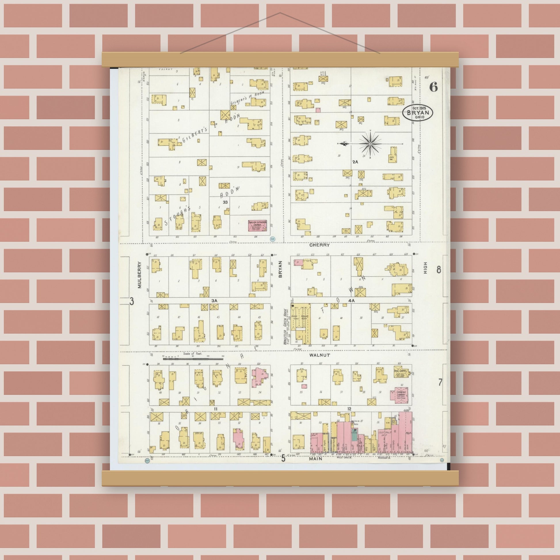Old map wall art mockup — magnetic wood frame on brick wall — Sanborn Fire Insurance Map from Bryan, Williams County, Ohio (1905), Sheet #0006