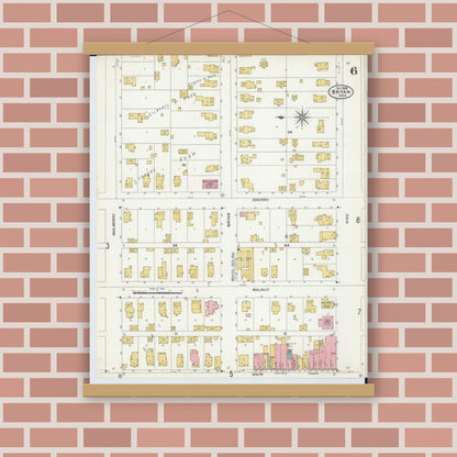Old map wall art mockup — magnetic wood frame on brick wall — Sanborn Fire Insurance Map from Bryan, Williams County, Ohio (1905), Sheet #0006