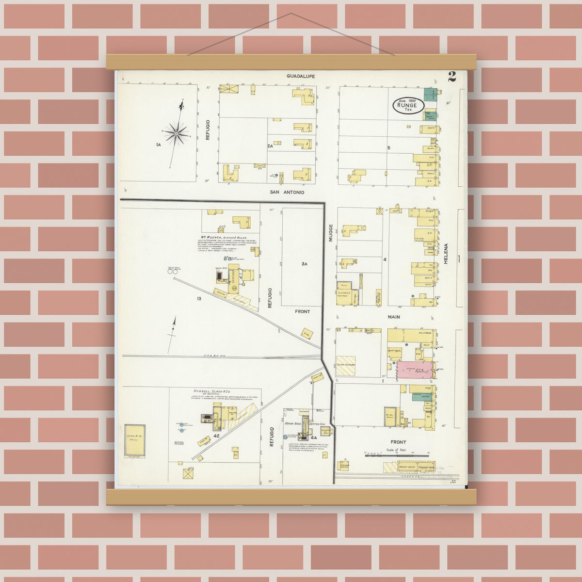 Old map wall art mockup — magnetic wood frame on brick wall — Sanborn Fire Insurance Map from Runge, Karnes County, Texas (1907), Sheet #0002