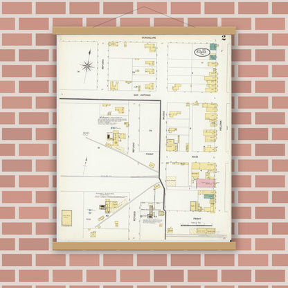 Old map wall art mockup — magnetic wood frame on brick wall — Sanborn Fire Insurance Map from Runge, Karnes County, Texas (1907), Sheet #0002