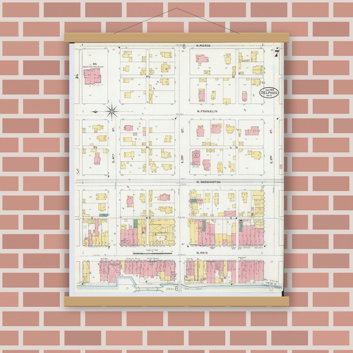 Old map wall art mockup — magnetic wood frame on brick wall — Sanborn Fire Insurance Map from Delphos, Van Wert And Allen Counties, Ohio (1904), Sheet #0007
