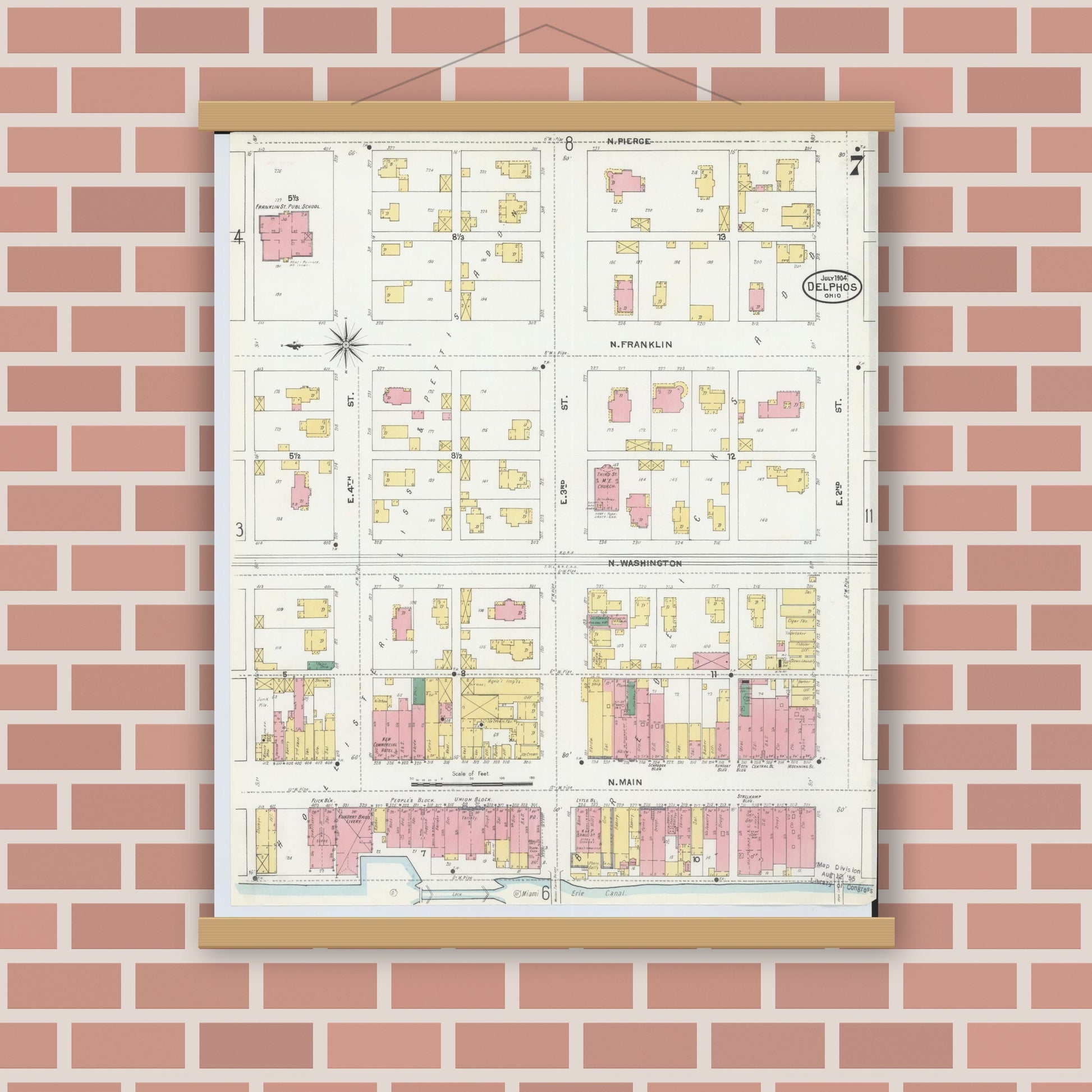 Old map wall art mockup — magnetic wood frame on brick wall — Sanborn Fire Insurance Map from Delphos, Van Wert And Allen Counties, Ohio (1904), Sheet #0007