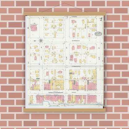Old map wall art mockup — magnetic wood frame on brick wall — Sanborn Fire Insurance Map from Delphos, Van Wert And Allen Counties, Ohio (1904), Sheet #0007