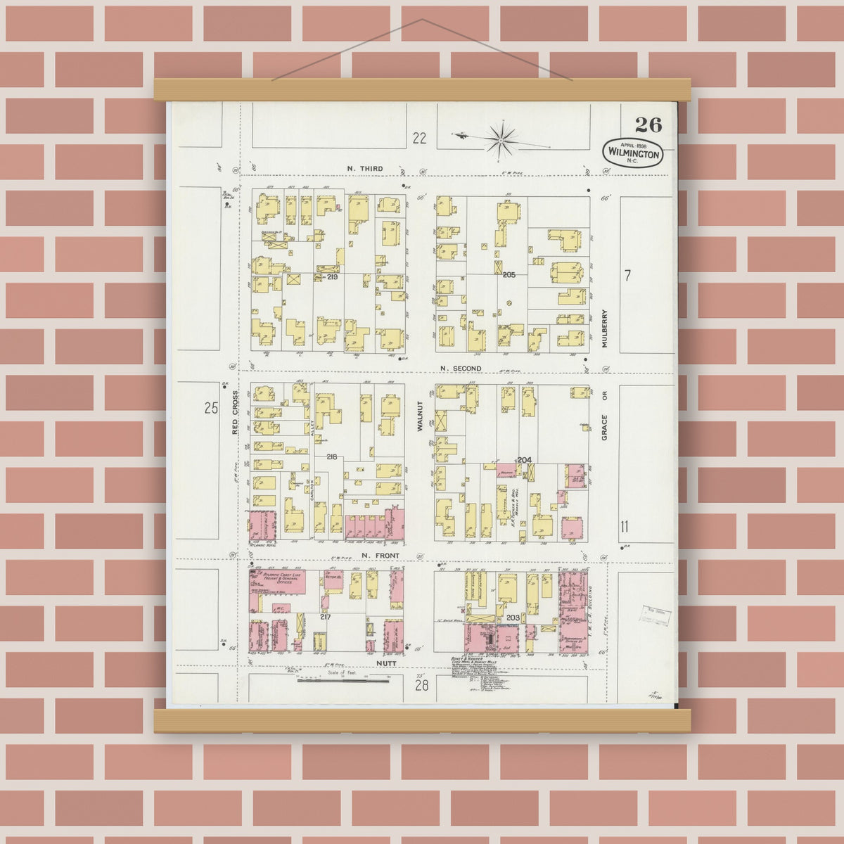 Old map wall art mockup — magnetic wood frame on brick wall — Sanborn Fire Insurance Map from Wilmington, New Hanover County, North Carolina (1898), Sheet #0026