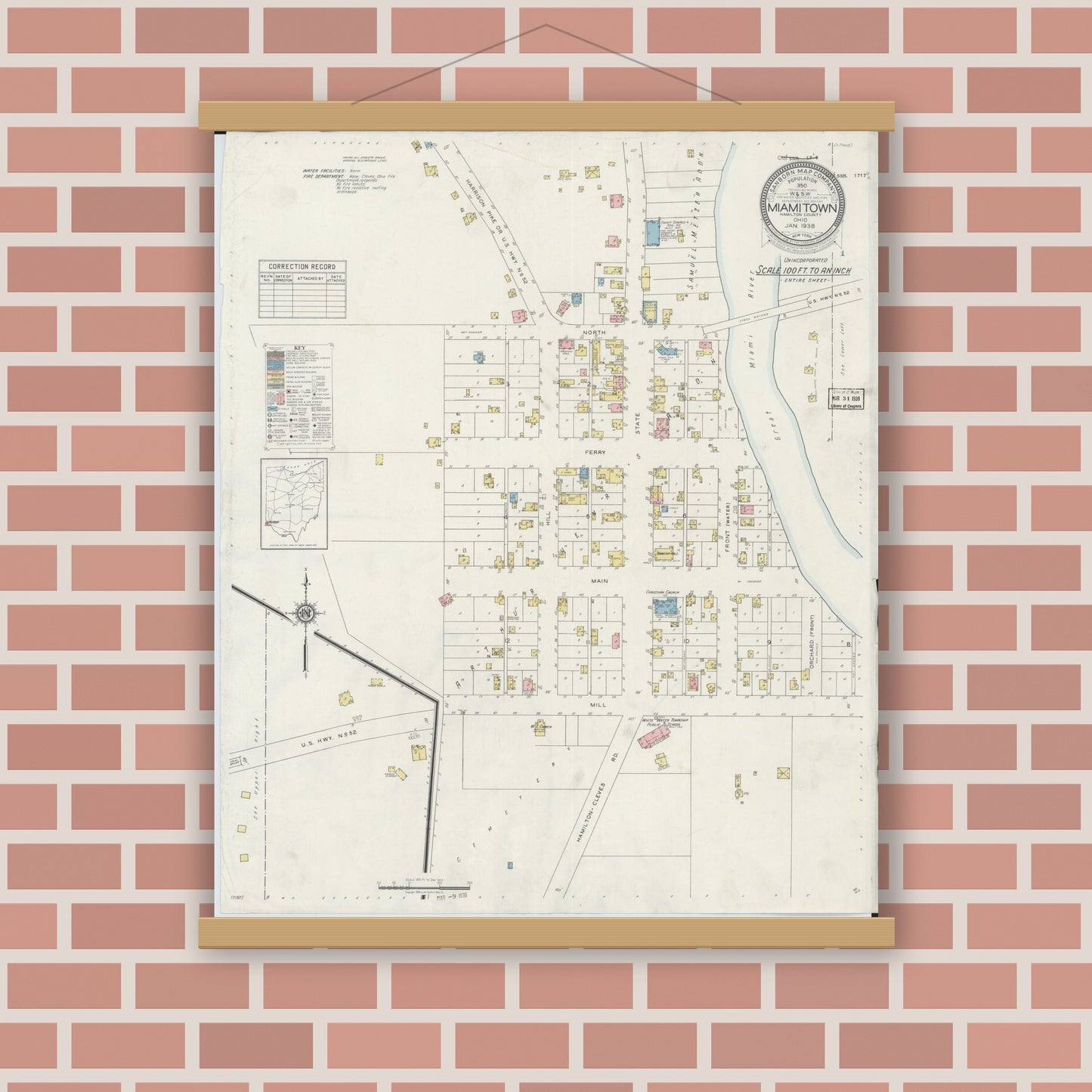 Old map wall art mockup — magnetic wood frame on brick wall — Sanborn Fire Insurance Map from Miamitown, Hamilton County, Ohio (1938), Sheet #0001