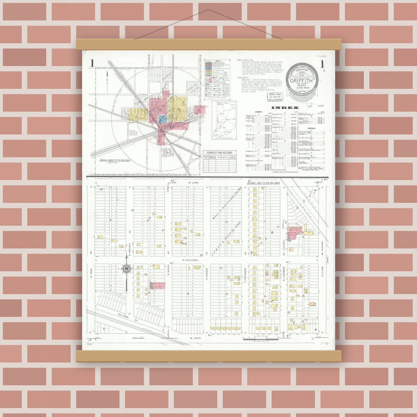 Old map wall art mockup — magnetic wood frame on brick wall — Sanborn Fire Insurance Map from Griffith, Lake County, Indiana (1943) - Complete Map Set