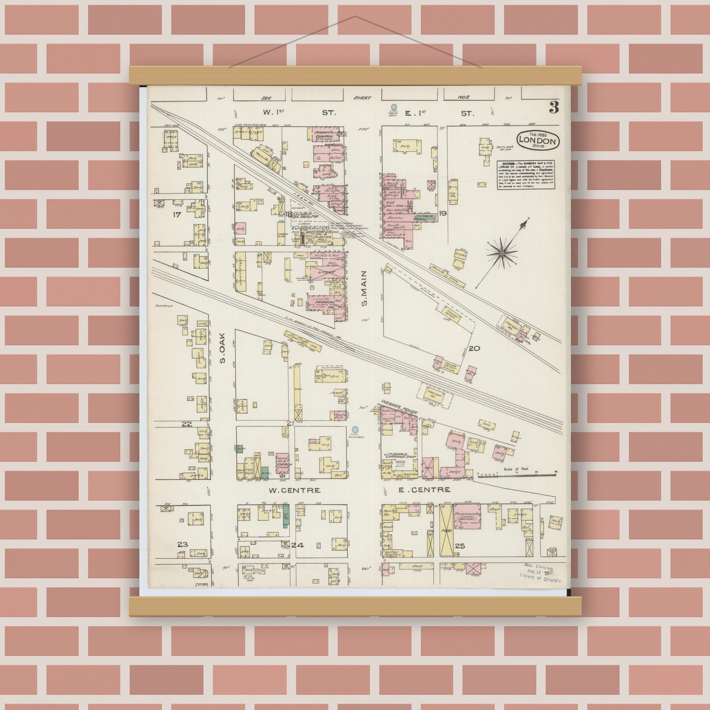 Old map wall art mockup — magnetic wood frame on brick wall — Sanborn Fire Insurance Map from London, Madison County, Ohio (1885), Sheet #0003