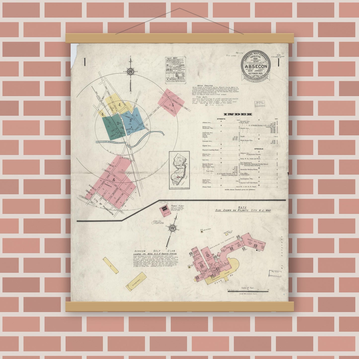 Old map wall art mockup — magnetic wood frame on brick wall — Sanborn Fire Insurance Map from Absecon, Atlantic County, New Jersey (1923), Sheet #0001