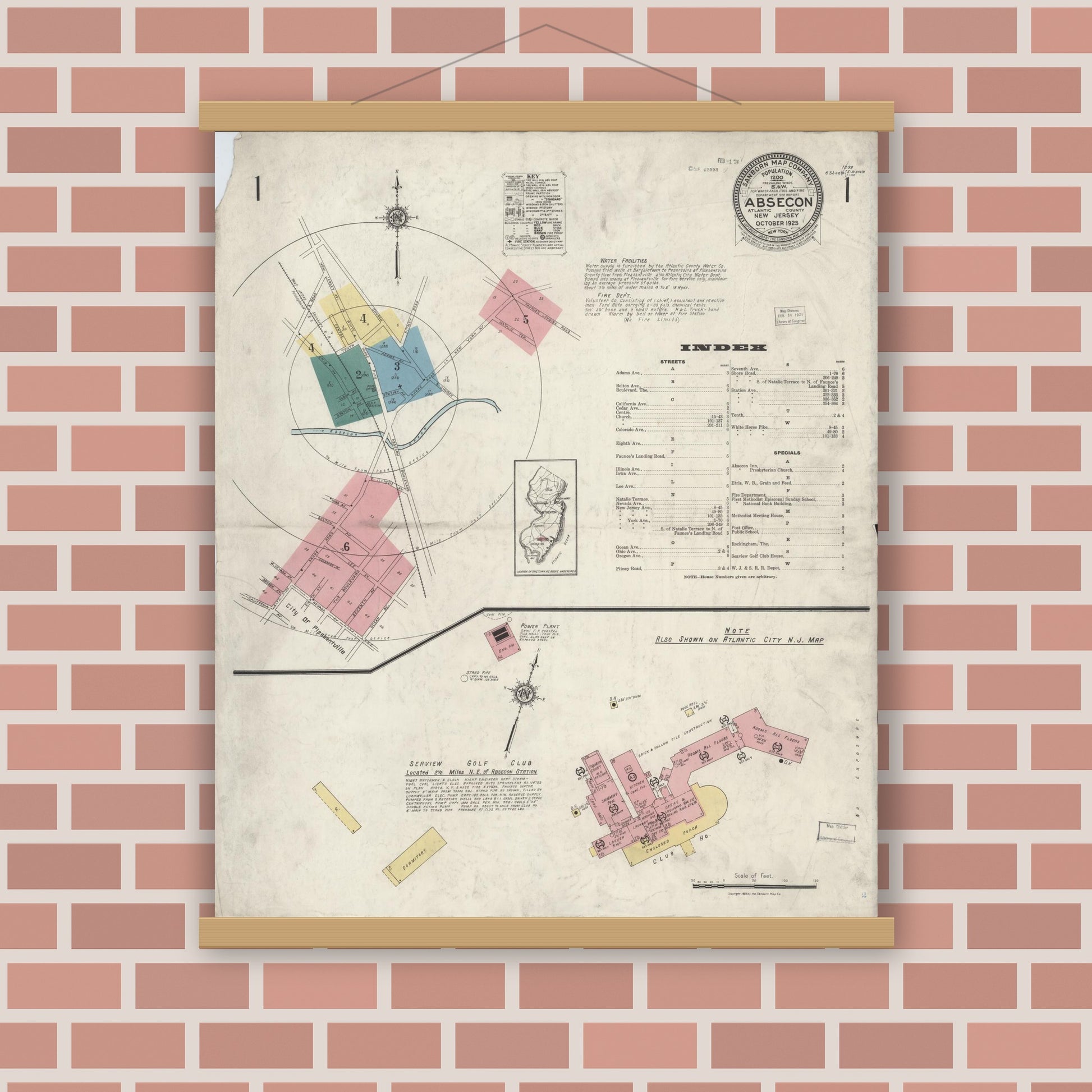 Old map wall art mockup — magnetic wood frame on brick wall — Sanborn Fire Insurance Map from Absecon, Atlantic County, New Jersey (1923), Sheet #0001