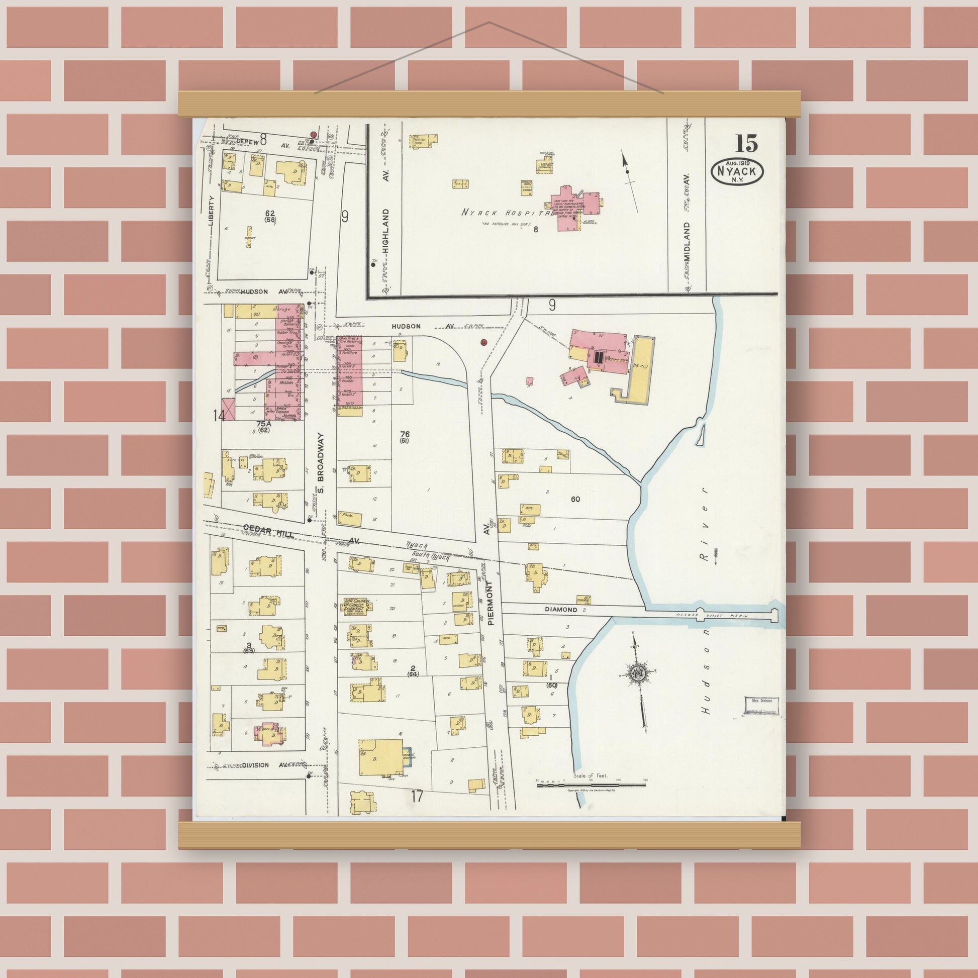Old map wall art mockup — magnetic wood frame on brick wall — Sanborn Fire Insurance Map from Nyack, Rockland County, New York. (1919), Sheet #0015