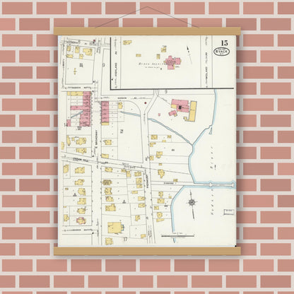 Old map wall art mockup — magnetic wood frame on brick wall — Sanborn Fire Insurance Map from Nyack, Rockland County, New York. (1919), Sheet #0015