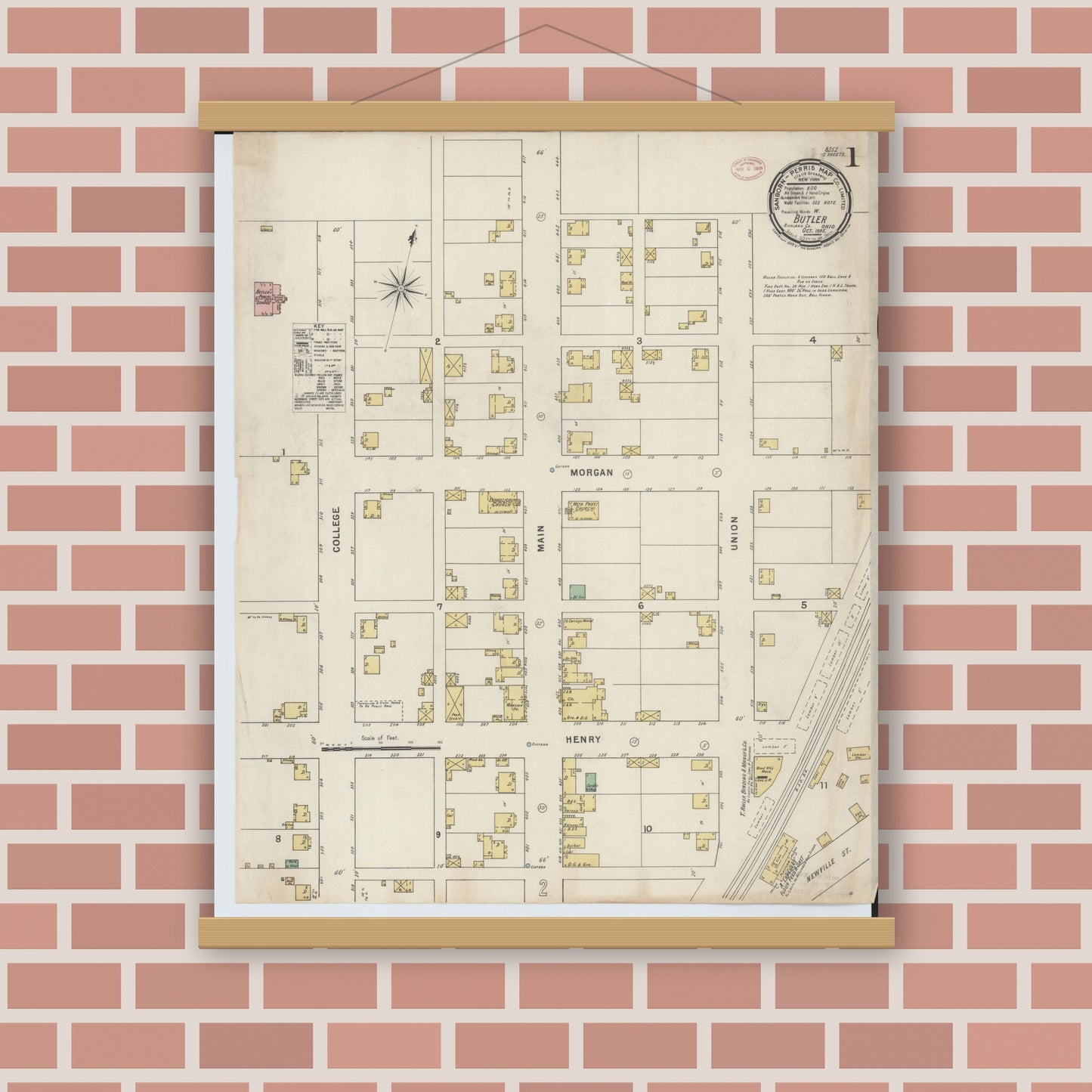 Old map wall art mockup — magnetic wood frame on brick wall — Sanborn Fire Insurance Map from Butler, Richland County, Ohio (1885), Sheet #0001