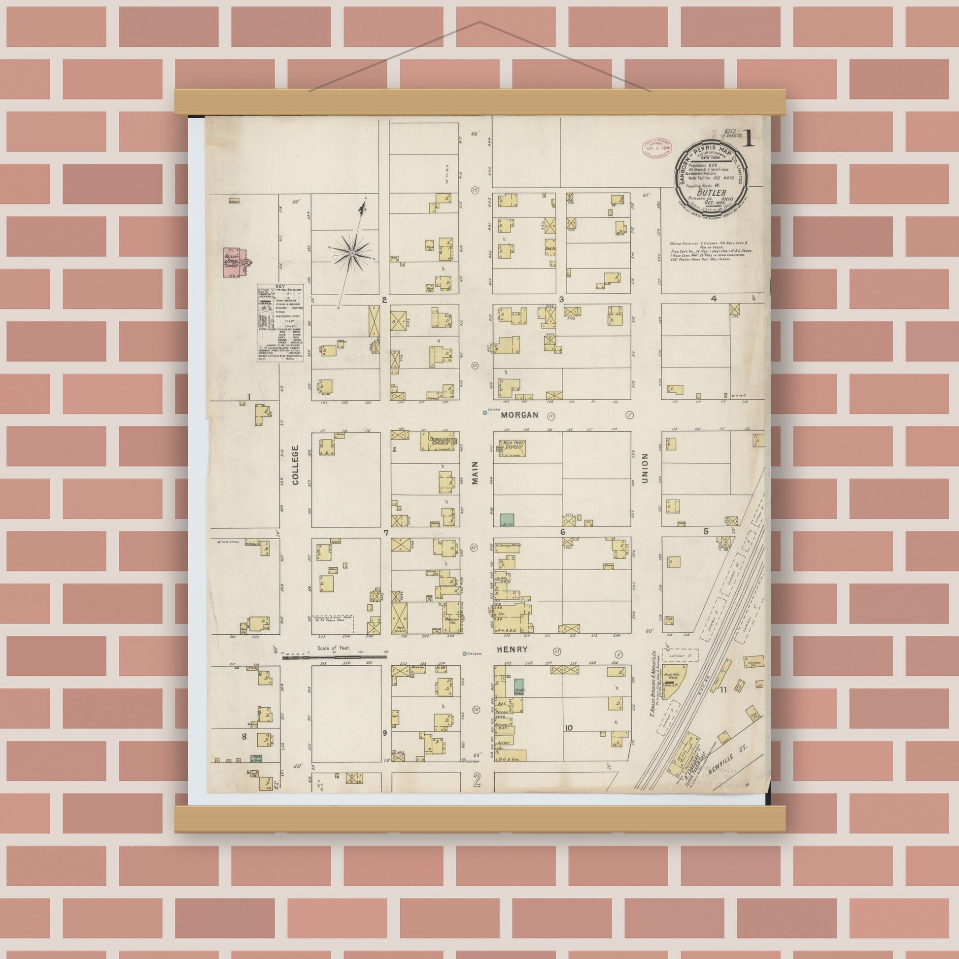 Old map wall art mockup — magnetic wood frame on brick wall — Sanborn Fire Insurance Map from Butler, Richland County, Ohio (1885), Sheet #0001