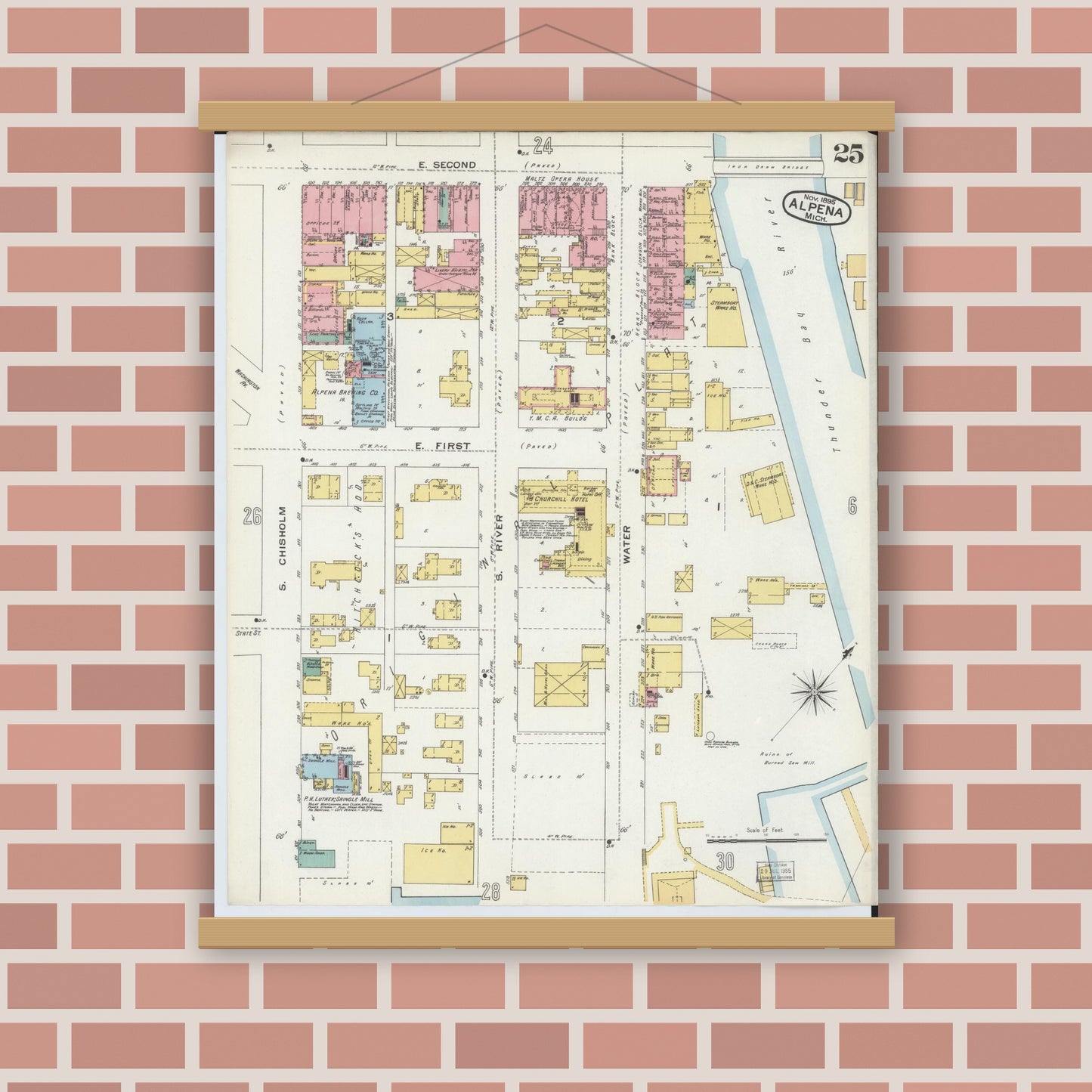 Old map wall art mockup — magnetic wood frame on brick wall — Sanborn Fire Insurance Map from Alpena, Alpena County, Michigan (1895), Sheet #0025