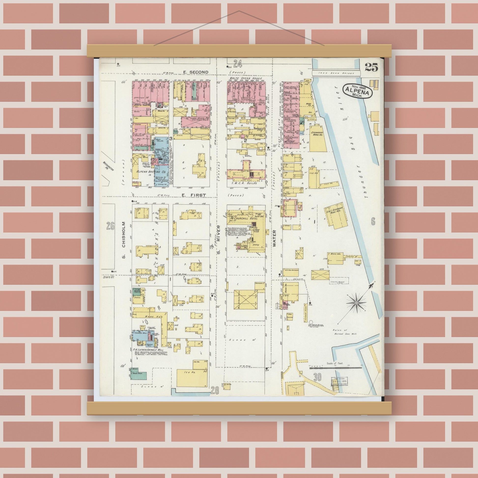 Old map wall art mockup — magnetic wood frame on brick wall — Sanborn Fire Insurance Map from Alpena, Alpena County, Michigan (1895), Sheet #0025