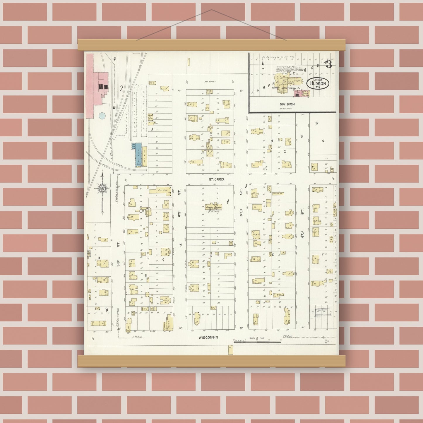 Old map wall art mockup — magnetic wood frame on brick wall — Sanborn Fire Insurance Map from Hudson, St. Croix County, Wisconsin (1912), Sheet #0003