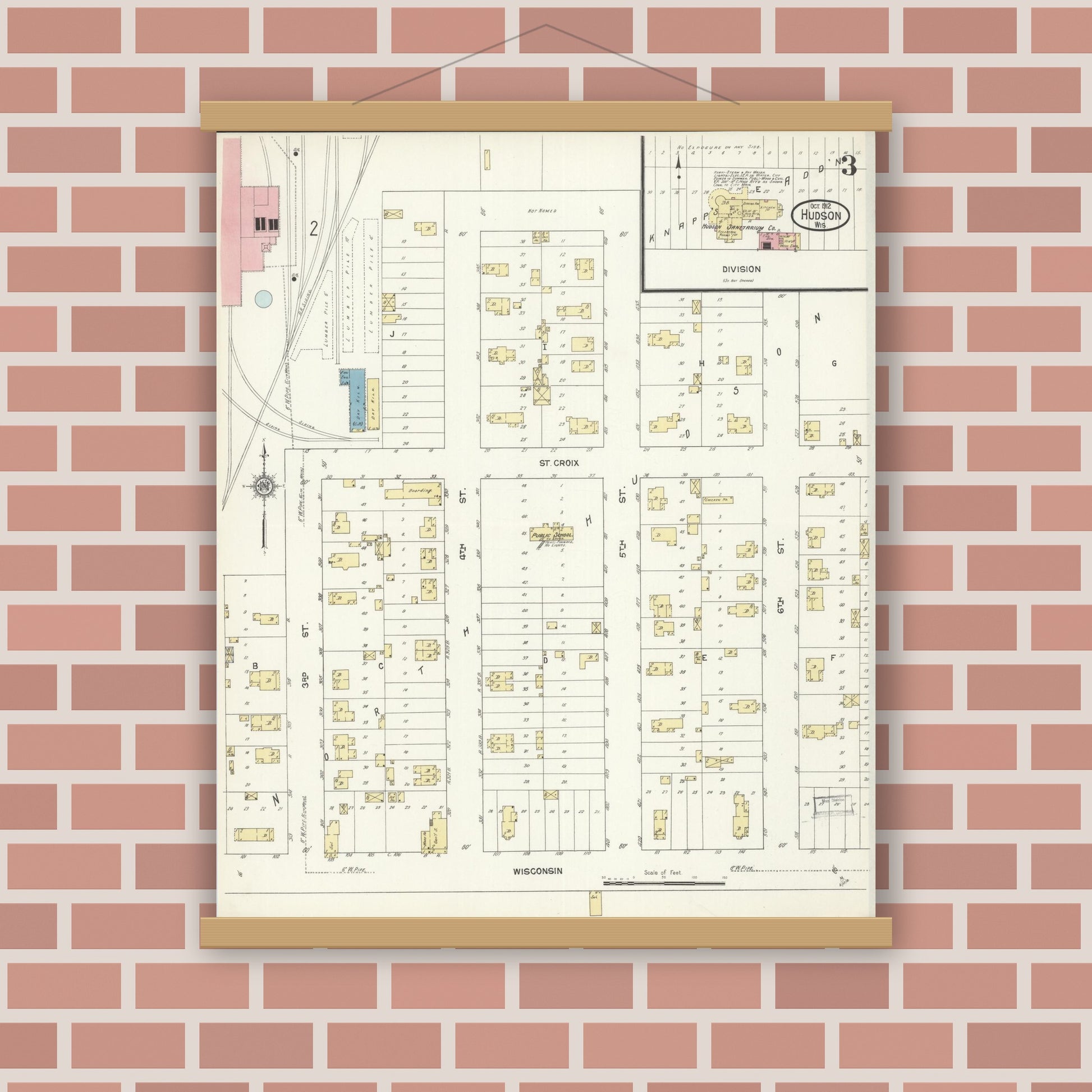 Old map wall art mockup — magnetic wood frame on brick wall — Sanborn Fire Insurance Map from Hudson, St. Croix County, Wisconsin (1912), Sheet #0003