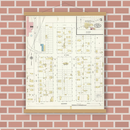 Old map wall art mockup — magnetic wood frame on brick wall — Sanborn Fire Insurance Map from Hudson, St. Croix County, Wisconsin (1912), Sheet #0003