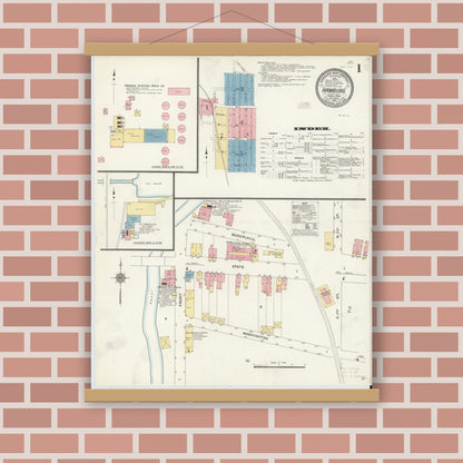 Old map wall art mockup — magnetic wood frame on brick wall — Sanborn Fire Insurance Map from Hamburg, Berks County, Pennsylvania (1910), Sheet #0001