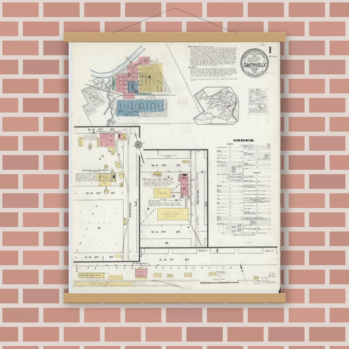 Old map wall art mockup — magnetic wood frame on brick wall — Sanborn Fire Insurance Map from Smithville, Bastrop County, Texas (1915) - Complete Map Set