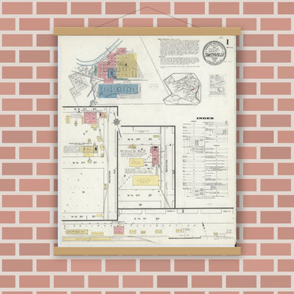 Old map wall art mockup — magnetic wood frame on brick wall — Sanborn Fire Insurance Map from Smithville, Bastrop County, Texas (1915) - Complete Map Set