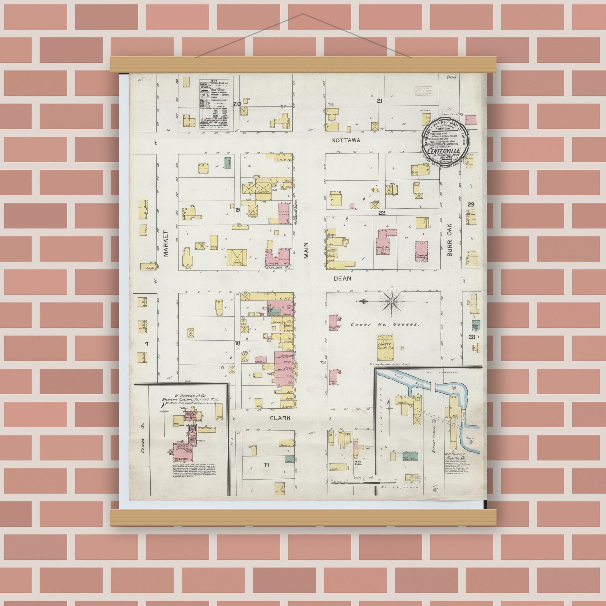Old map wall art mockup — magnetic wood frame on brick wall — Sanborn Fire Insurance Map from Centreville, Saint Joseph County, Michigan (1892), Sheet #0001