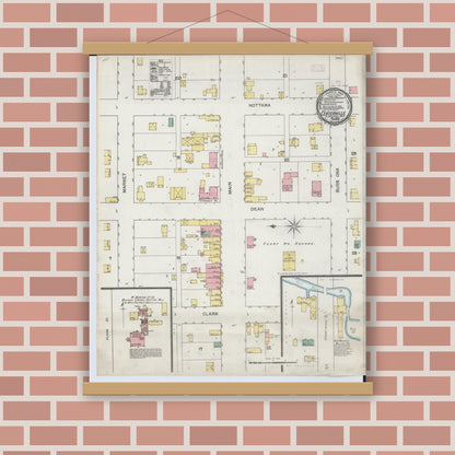 Old map wall art mockup — magnetic wood frame on brick wall — Sanborn Fire Insurance Map from Centreville, Saint Joseph County, Michigan (1892), Sheet #0001