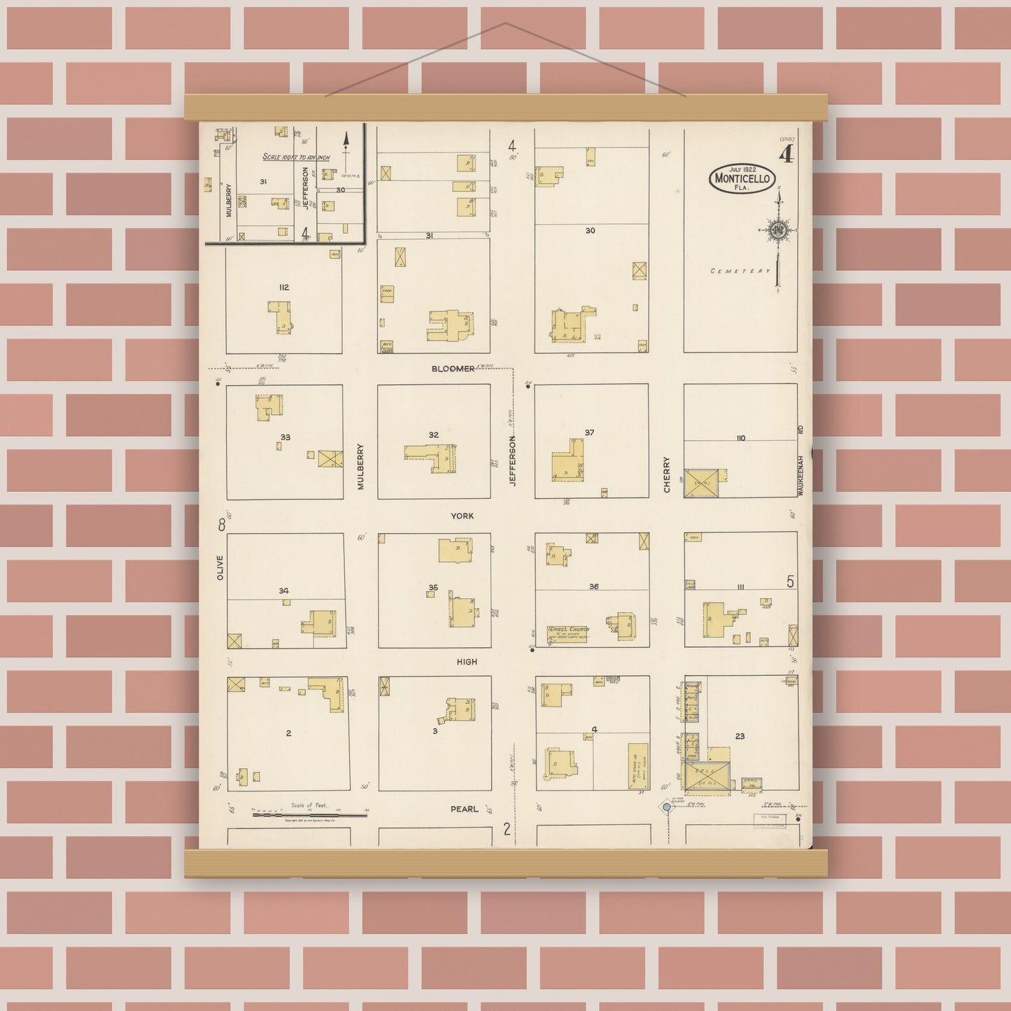 Old map wall art mockup — magnetic wood frame on brick wall — Sanborn Fire Insurance Map from Monticello, Jefferson County, Florida (1922), Sheet #0004