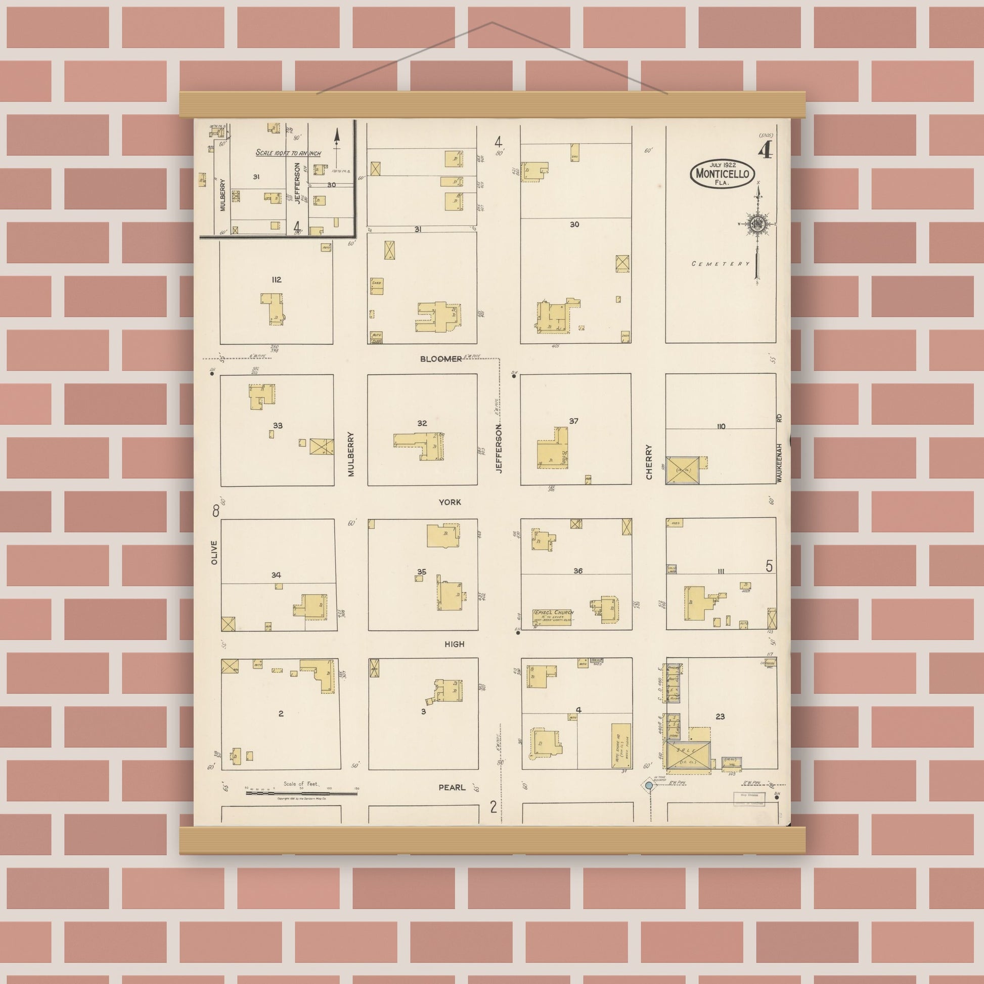 Old map wall art mockup — magnetic wood frame on brick wall — Sanborn Fire Insurance Map from Monticello, Jefferson County, Florida (1922), Sheet #0004