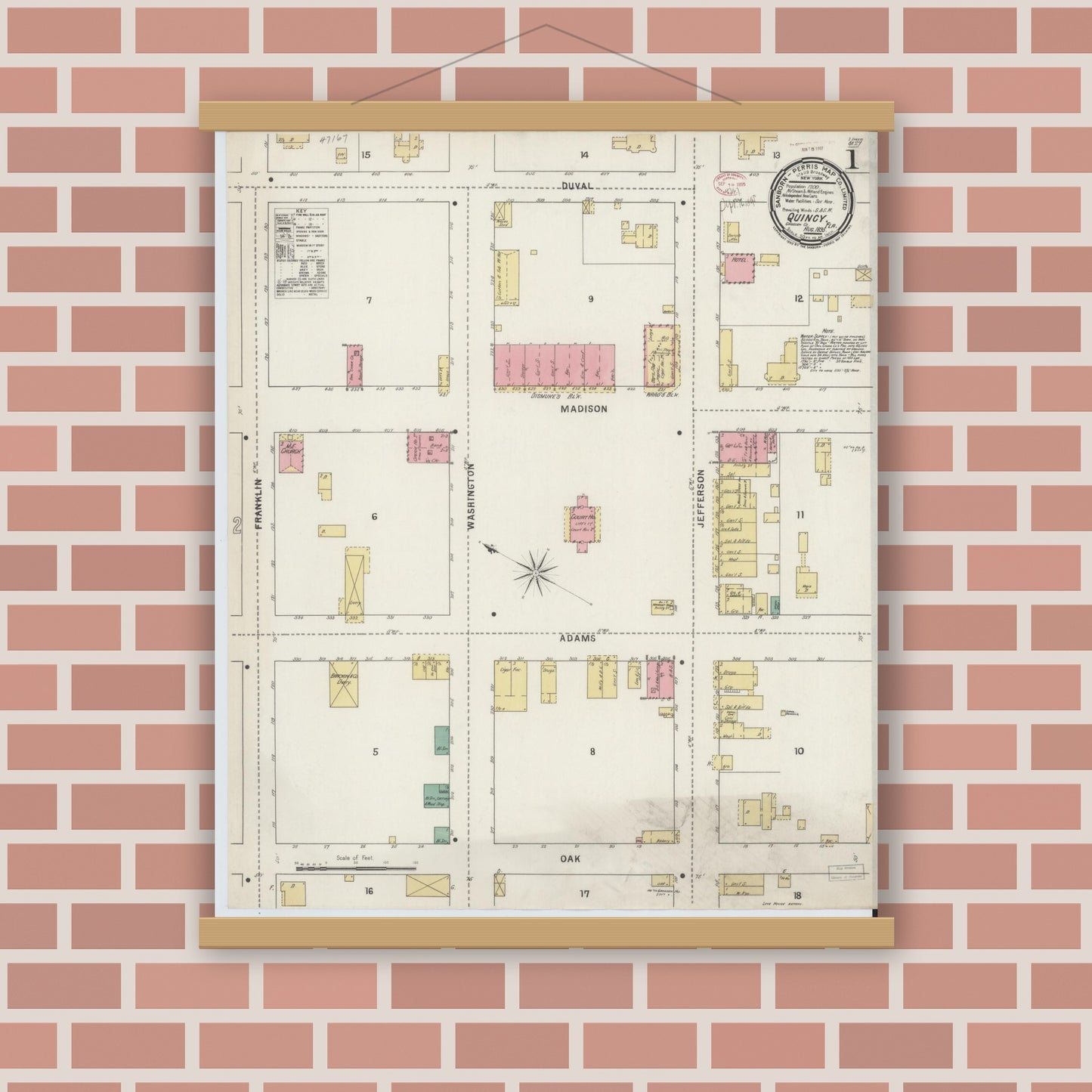Old map wall art mockup — magnetic wood frame on brick wall — Sanborn Fire Insurance Map from Quincy, Gadsden County, Florida (1895) - Complete Map Set