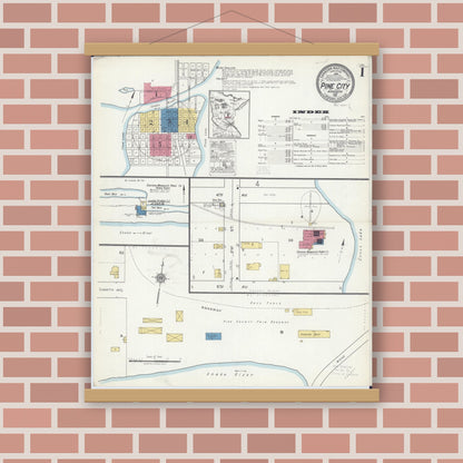Old map wall art mockup — magnetic wood frame on brick wall — Sanborn Fire Insurance Map from Pine City, Pine County, Minnesota (1921) - Complete Map Set