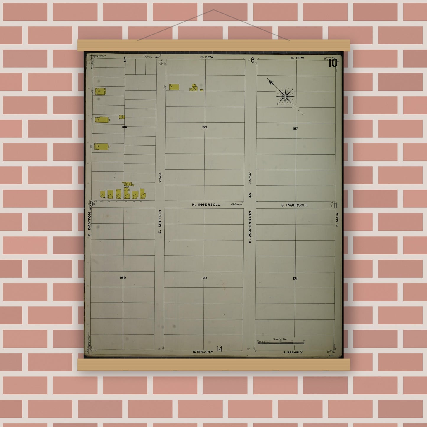 Old map wall art mockup — magnetic wood frame on brick wall — Sanborn Fire Insurance Map from Madison, Dane County, Wisconsin (1908), Sheet #0010