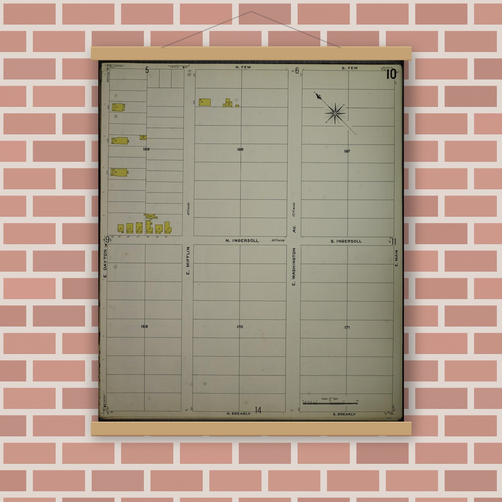 Old map wall art mockup — magnetic wood frame on brick wall — Sanborn Fire Insurance Map from Madison, Dane County, Wisconsin (1908), Sheet #0010