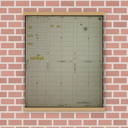 Old map wall art mockup — magnetic wood frame on brick wall — Sanborn Fire Insurance Map from Madison, Dane County, Wisconsin (1908), Sheet #0010