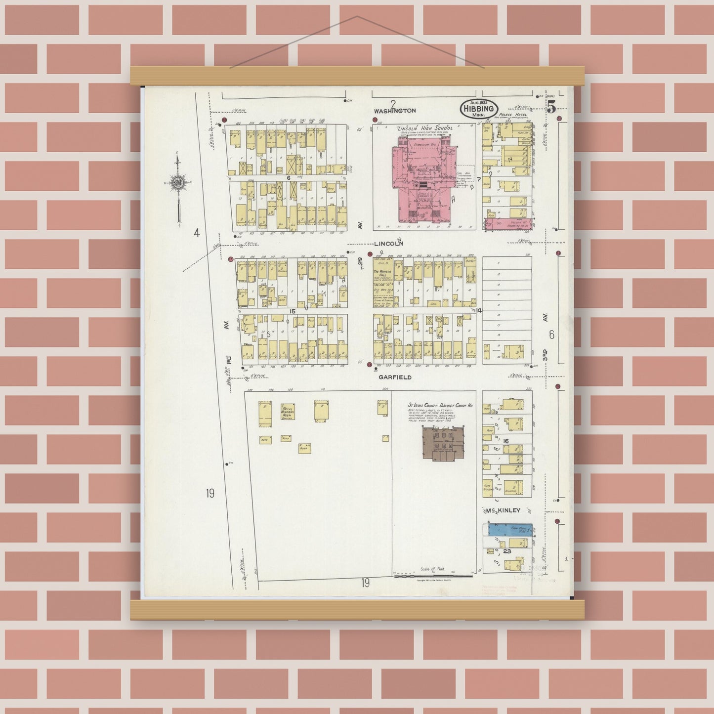 Old map wall art mockup — magnetic wood frame on brick wall — Sanborn Fire Insurance Map from Hibbing, Saint Louis County, Minnesota (1921), Sheet #0005