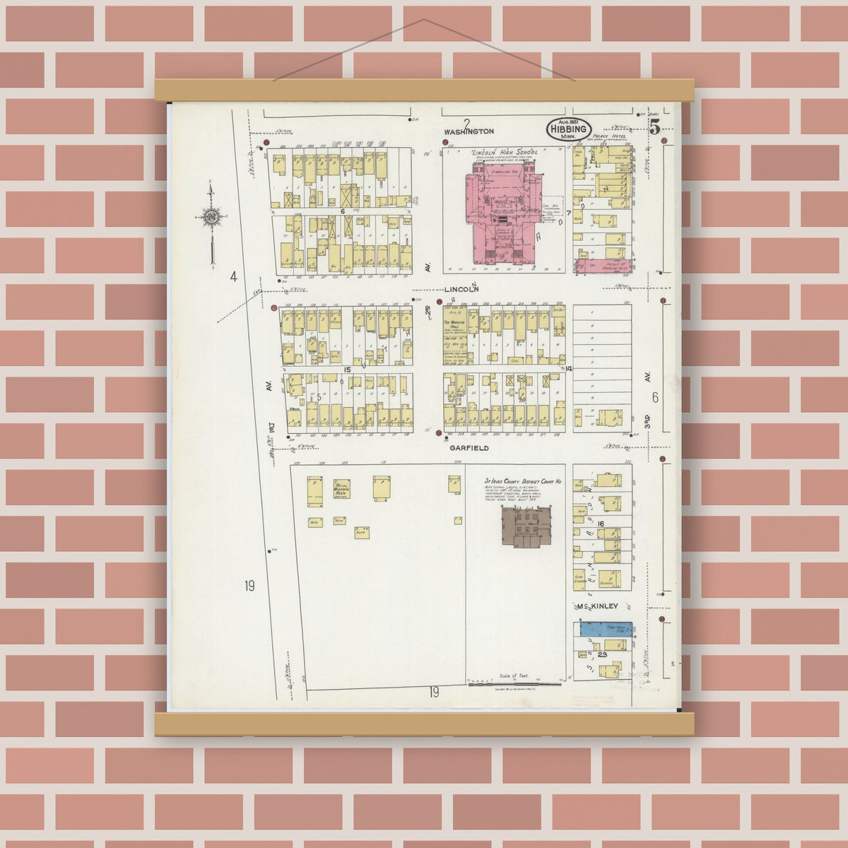 Old map wall art mockup — magnetic wood frame on brick wall — Sanborn Fire Insurance Map from Hibbing, Saint Louis County, Minnesota (1921), Sheet #0005
