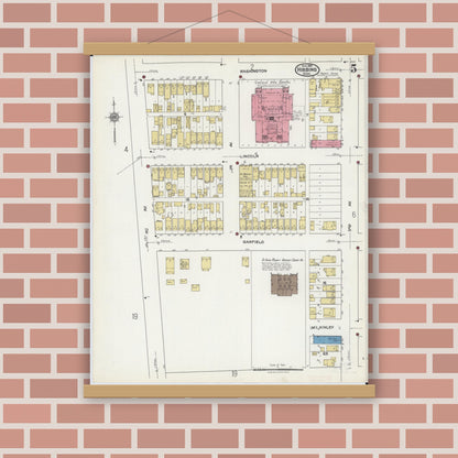 Old map wall art mockup — magnetic wood frame on brick wall — Sanborn Fire Insurance Map from Hibbing, Saint Louis County, Minnesota (1921), Sheet #0005