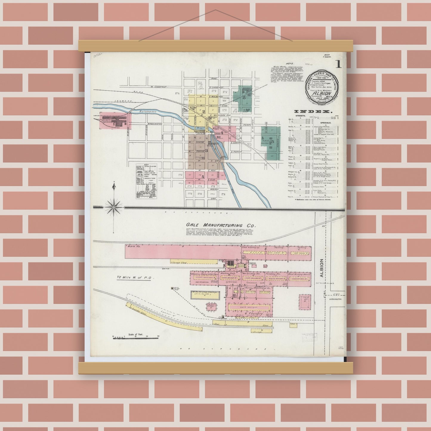 Old map wall art mockup — magnetic wood frame on brick wall — Sanborn Fire Insurance Map from Albion, Calhoun County, Michigan (1893), Sheet #0001