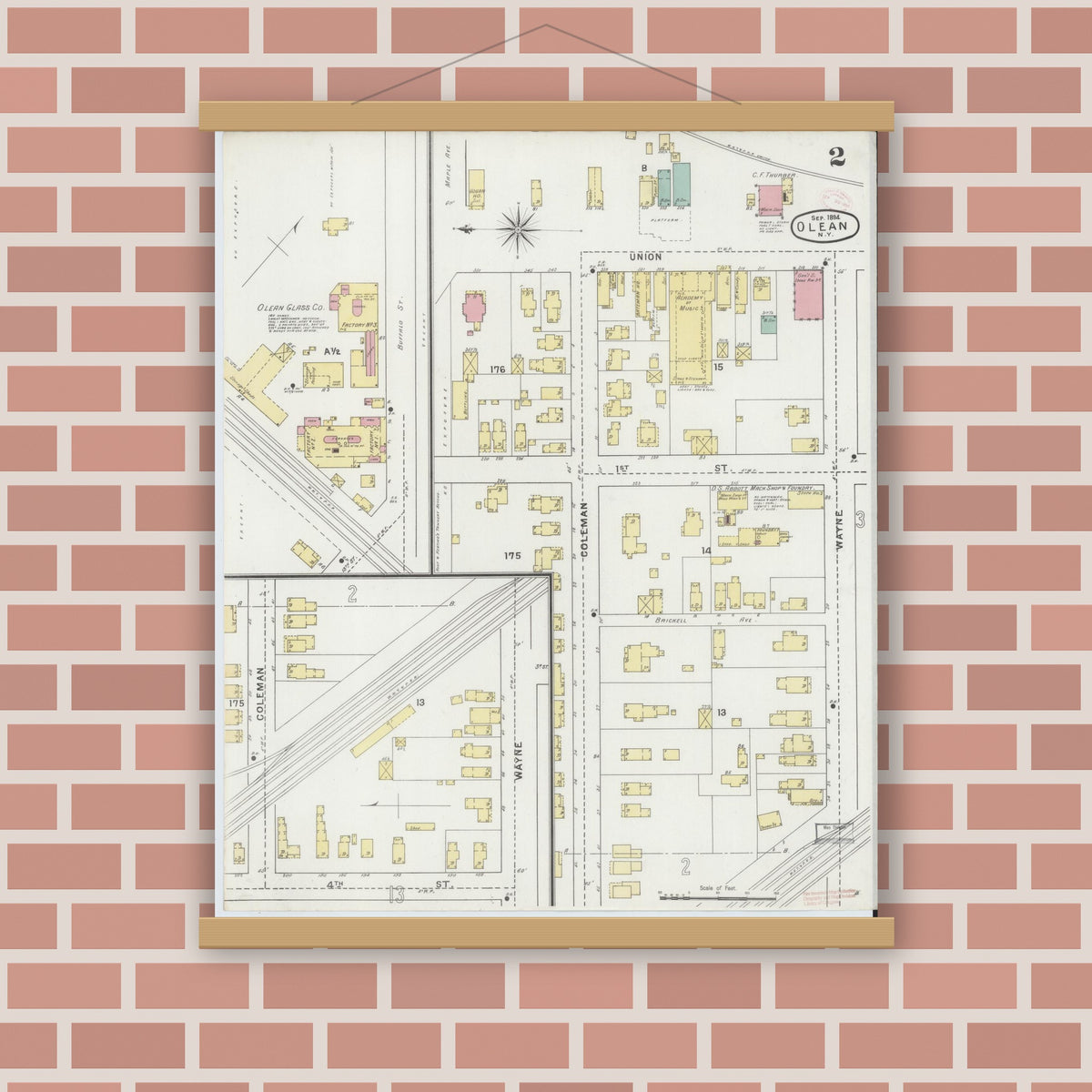 Old map wall art mockup — magnetic wood frame on brick wall — Sanborn Fire Insurance Map from Olean, Cattaraugus County, New York (1894) - Complete Map Set