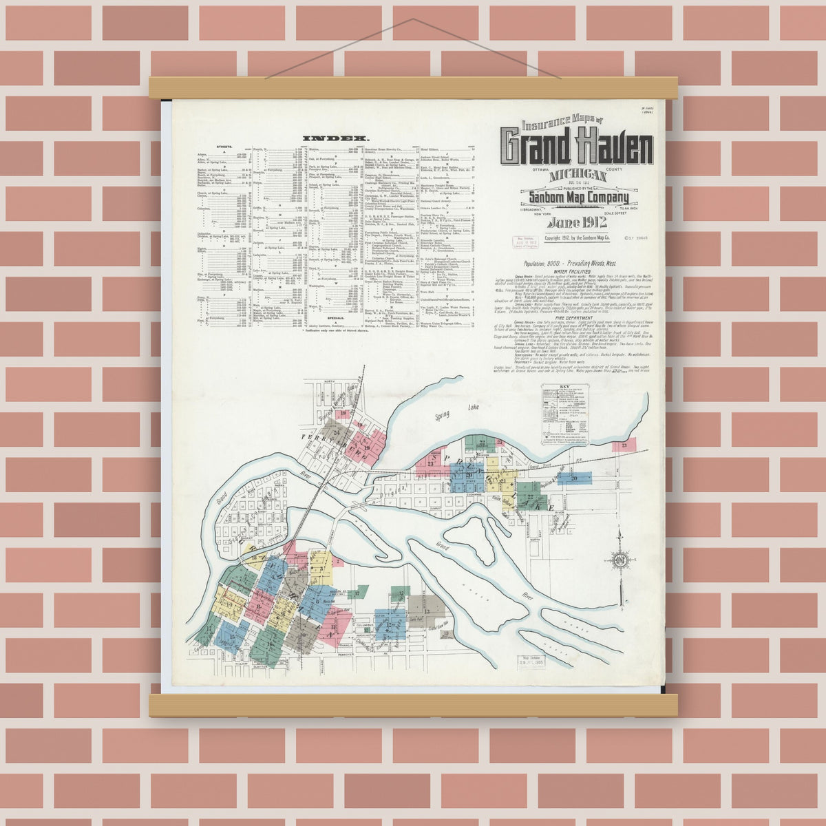 Old map wall art mockup — magnetic wood frame on brick wall — Sanborn Fire Insurance Map from Grand Haven, Ottawa County, Michigan (1912), Sheet #0001