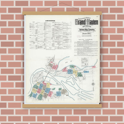 Old map wall art mockup — magnetic wood frame on brick wall — Sanborn Fire Insurance Map from Grand Haven, Ottawa County, Michigan (1912), Sheet #0001