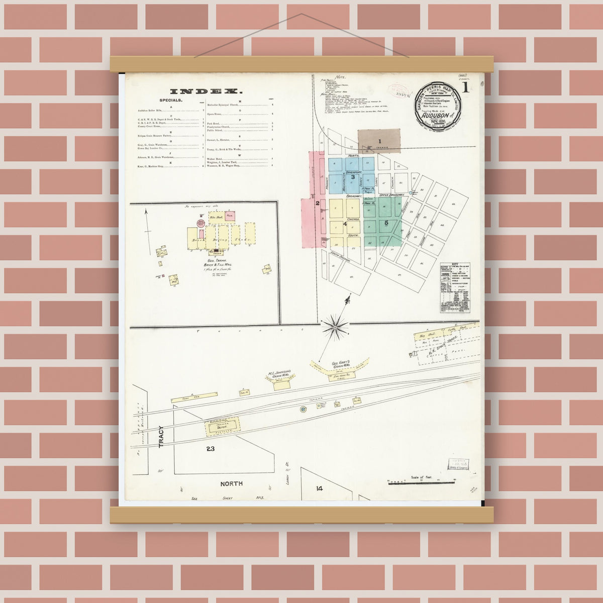 Old map wall art mockup — magnetic wood frame on brick wall — Sanborn Fire Insurance Map from Audubon, Audubon County, Iowa (1890) â€” Complete Set