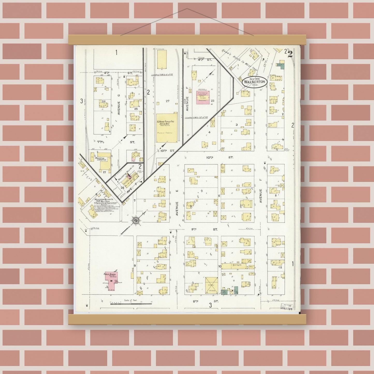 Old map wall art mockup — magnetic wood frame on brick wall — Sanborn Fire Insurance Map from Walkerton, Saint Joseph County, Indiana (1909), Sheet #0002