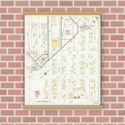 Old map wall art mockup — magnetic wood frame on brick wall — Sanborn Fire Insurance Map from Walkerton, Saint Joseph County, Indiana (1909), Sheet #0002