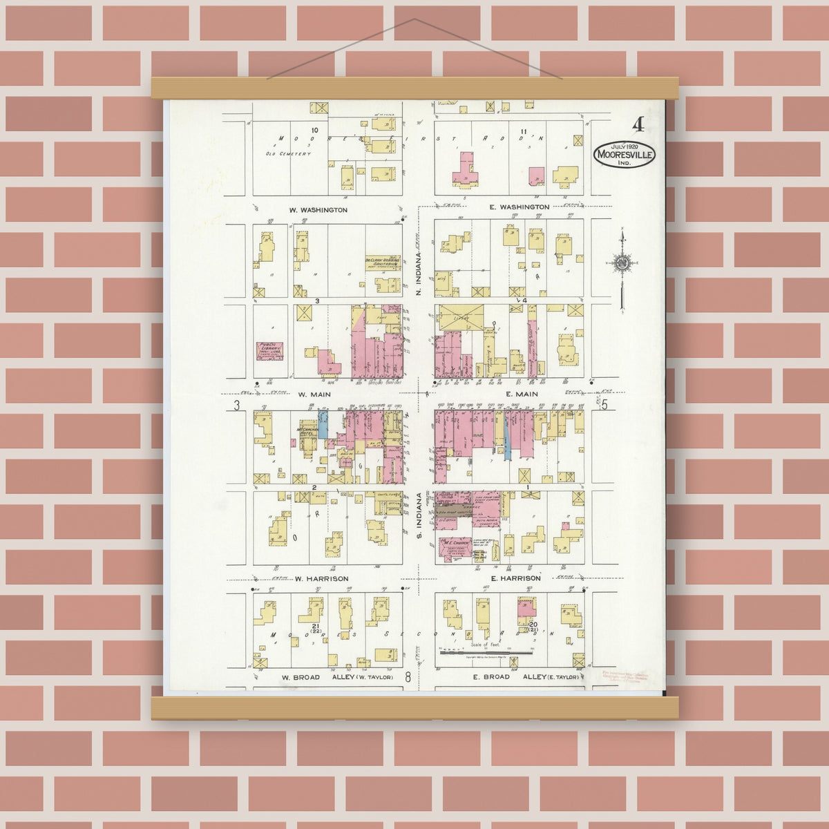 Old map wall art mockup — magnetic wood frame on brick wall — Sanborn Fire Insurance Map from Mooresville, Morgan County, Indiana (1920), Sheet #0004