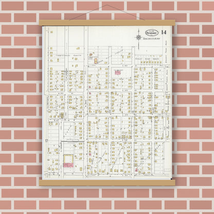 Old map wall art mockup — magnetic wood frame on brick wall — Sanborn Fire Insurance Map from Kewanee, Henry County, Illinois (1918), Sheet #0014