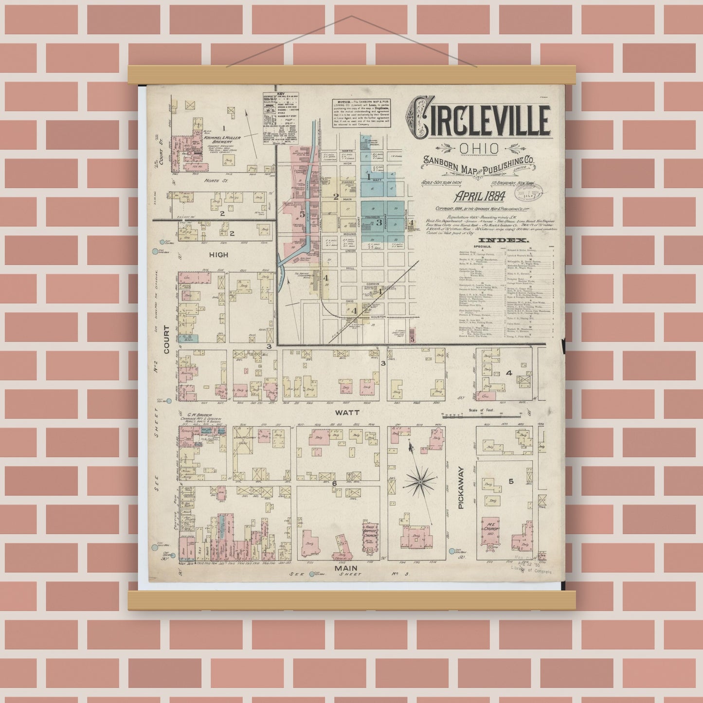 Old map wall art mockup — magnetic wood frame on brick wall — Sanborn Fire Insurance Map from Circleville, Pickaway County, Ohio (1884), Sheet #0001