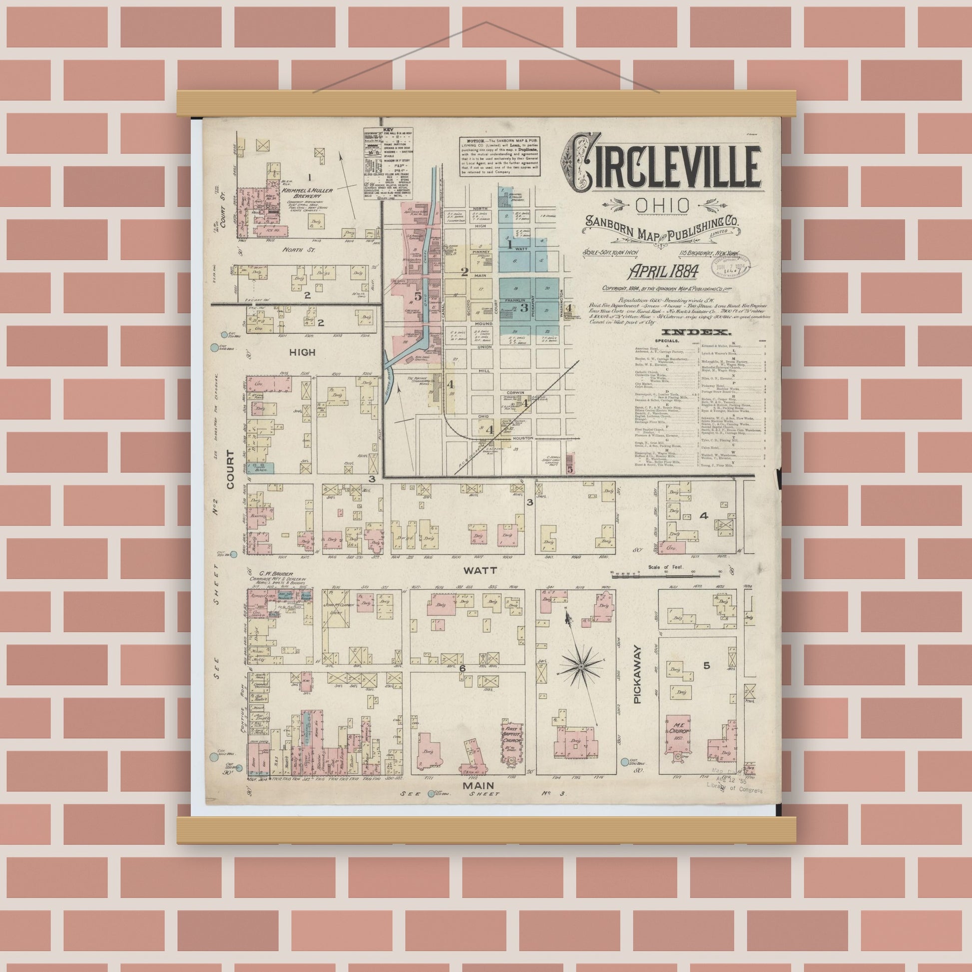Old map wall art mockup — magnetic wood frame on brick wall — Sanborn Fire Insurance Map from Circleville, Pickaway County, Ohio (1884), Sheet #0001