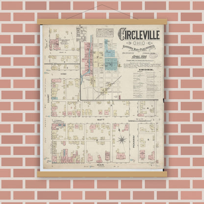 Old map wall art mockup — magnetic wood frame on brick wall — Sanborn Fire Insurance Map from Circleville, Pickaway County, Ohio (1884), Sheet #0001
